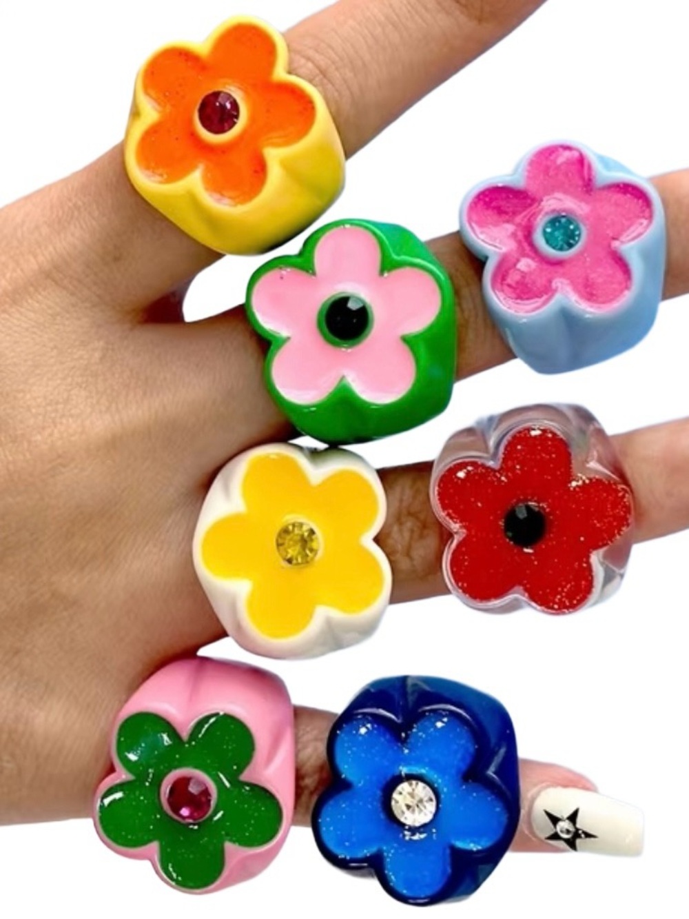 Vibrant Flower Rhinestone Statement Ring Set 7-Piece Y2K Kawaii Pop-Art NWOT